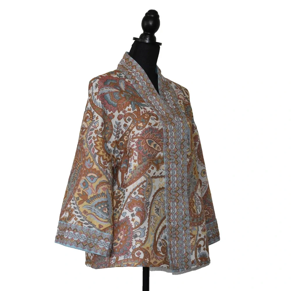 A5 NEW SOFT SURROUNDINGS Paisley Open Front Embroidered Trim Cardigan Size L